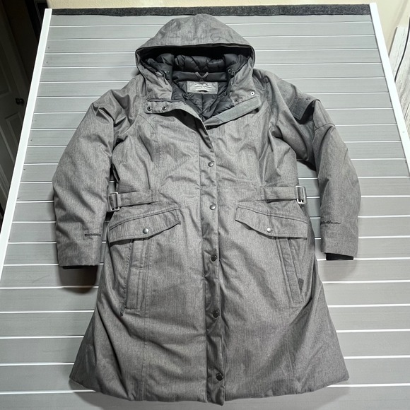 Eddie Bauer WeatherEdge Gray Herringbone Down Parka Hooded Winter Coat Womens L - Picture 2 of 13